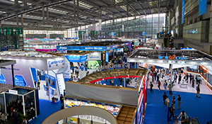 Overhead view of a trade show floor