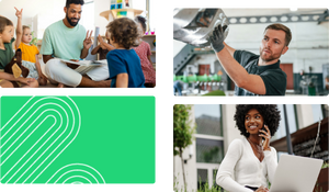 A collage of four images: Top-left shows a smiling man sitting cross-legged on the floor holding a book, interacting with a child; Top-right features a focused male technician in work attire adjusting industrial equipment; Bottom-left is a green graphic with abstract white line patterns; Bottom-right displays a cheerful woman with curly hair, sitting outdoors using a laptop and speaking on a mobile phone.