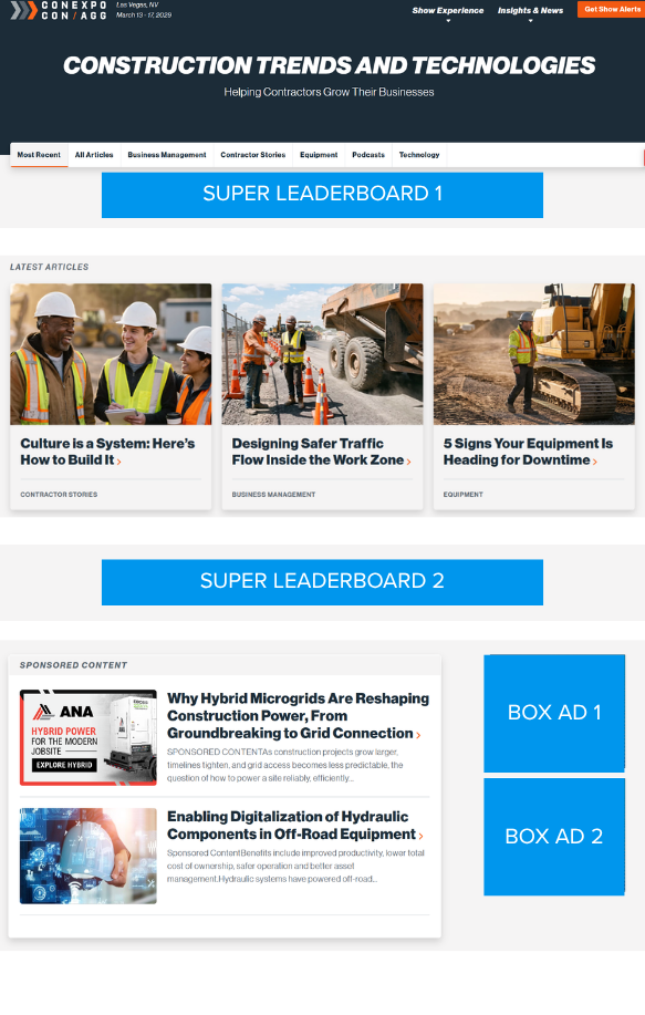 CONEXPO-CON/AGG 365 website ad placement example showing Super Leaderboard 1, Super Leaderboard 2, and Box Ad 1 & 2