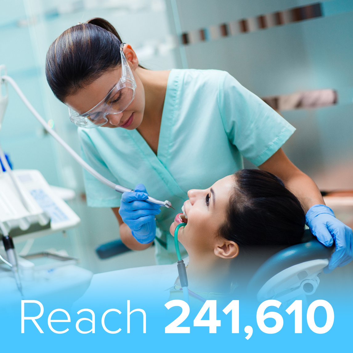 Female dentist in protective eyewear and gloves treating a patient in a modern dental clinic, with text overlay stating 'Reach 241,610' in bold.