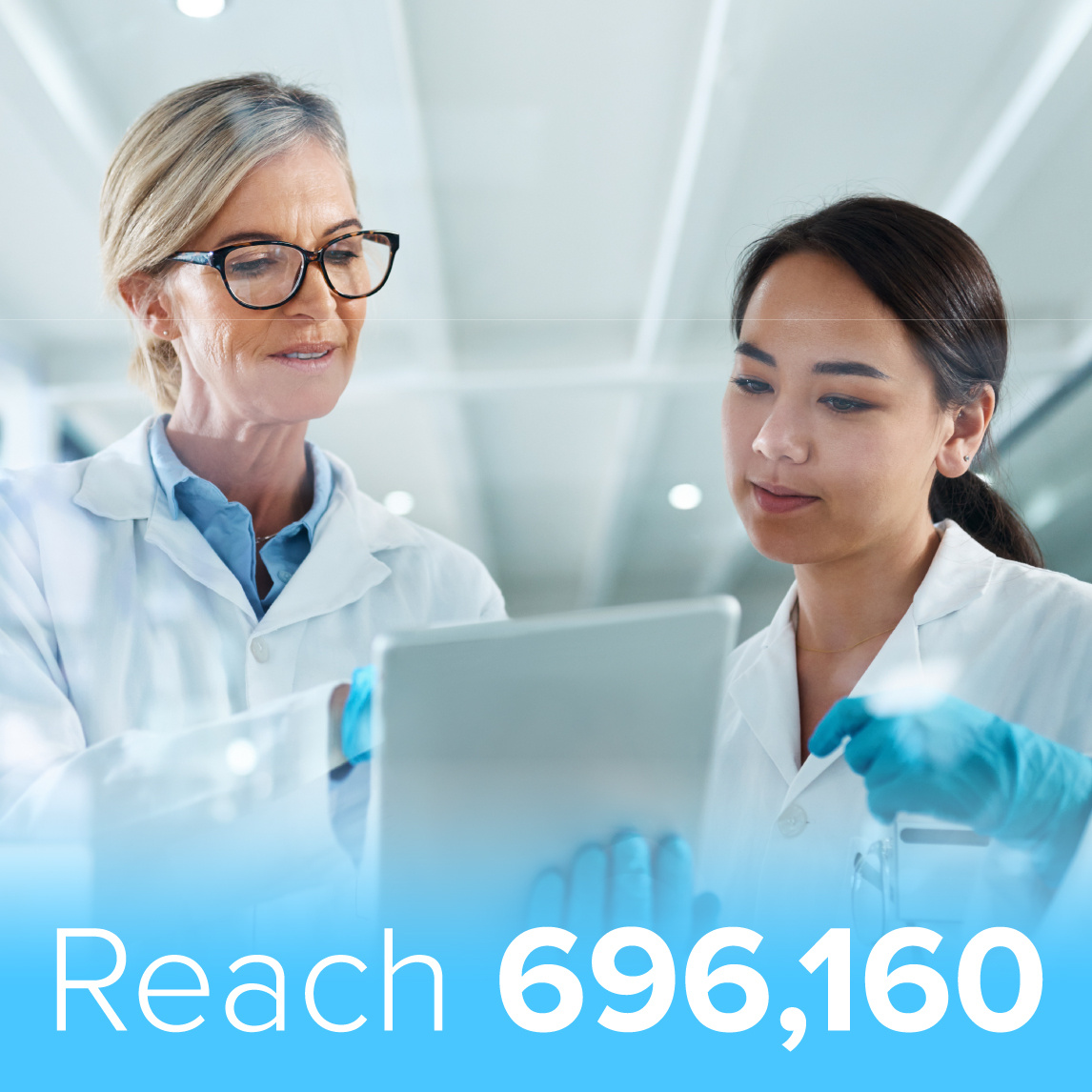 Two female scientists in lab coats reviewing data on a tablet in a well-lit laboratory, with text overlay stating 'Reach 696,160' in bold.