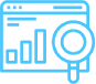 Blue outline icon of a web browser window displaying a bar chart with a magnifying glass, representing paid search