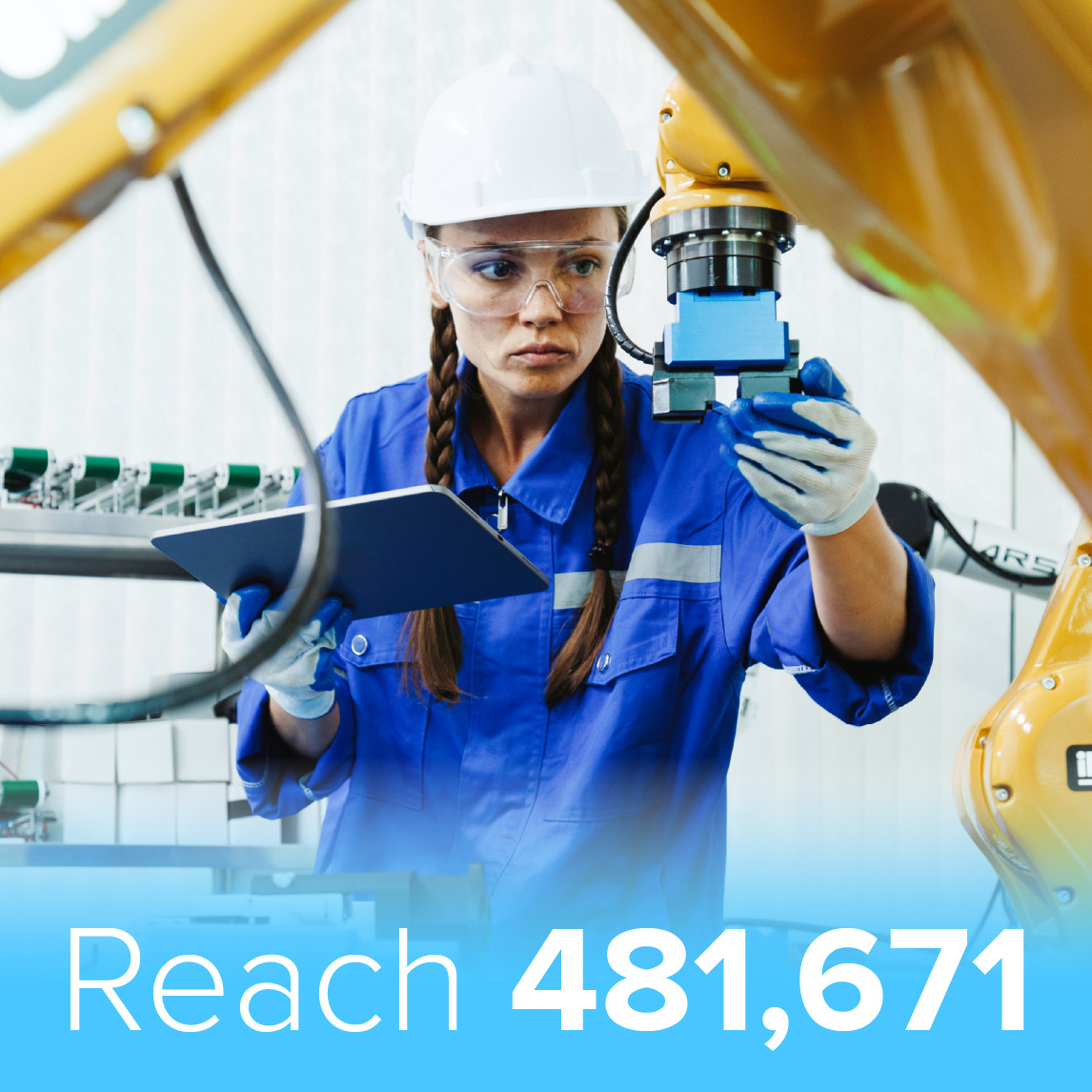 A female engineer wearing a white hard hat, safety glasses, and a blue uniform inspects a robotic arm in an industrial automation facility while holding a clipboard. She appears focused as she evaluates the machinery. A blue banner at the bottom displays the text 