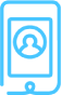 Blue outline icon of a smartphone displaying a user profile, representing social media advertising