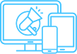 Blue outline icon depicting a desktop monitor, tablet, and smartphone with a megaphone symbol, representing digital marketing or online advertising across multiple devices
