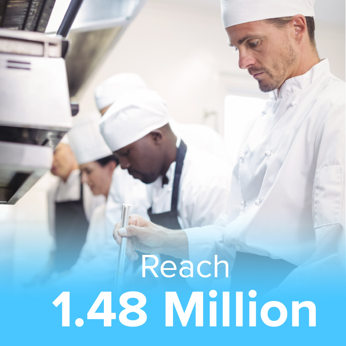 A team of professional chefs in white uniforms working in a busy commercial kitchen. The image includes a text overlay that reads 