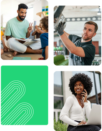 A collage of four images: Top-left shows a smiling man sitting cross-legged on the floor holding a book, interacting with a child; Top-right features a focused male technician in work attire adjusting industrial equipment; Bottom-left is a green graphic with abstract white line patterns; Bottom-right displays a cheerful woman with curly hair, sitting outdoors using a laptop and speaking on a mobile phone.